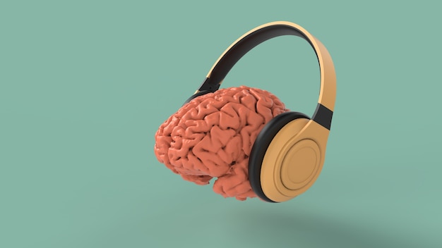 Ludzki mózg słucha koncepcji żółtych słuchawek 3