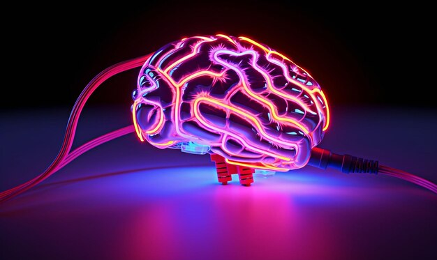 Ludzki mózg wykonany z kolorowego neonowego światła reprezentuje ideę generatywną ai