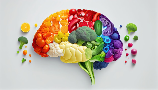 Ludzki mózg wykonany z różnych kolorowych warzyw koncepcja wegetariańskiego wegańskiego zdrowego odżywiania Światowy Dzień Zdrowia kluczem do globalnego dobrego samopoczucia