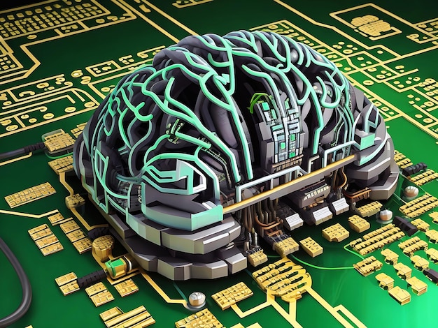 Ludzki mózg z płytką obwodową 3D hiper szczegółowy Render Mind technologia Generatywna sztuczna inteligencja