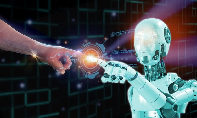 Ludzki palec dotykający palca robota 3D w blasku z elementem futurictic dokument ikona cyfrowa AI sztuczna inteligencja naśladuje ludzką pracę i lepiej