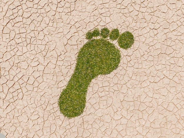 Zdjęcie ludzki ślad zielonej trawy na suchej i pękniętej ziemi w suszy 3d rendering
