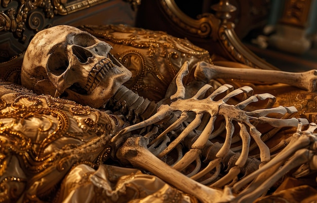 Ludzki szkielet leżący na ozdobnej złotej kanapie