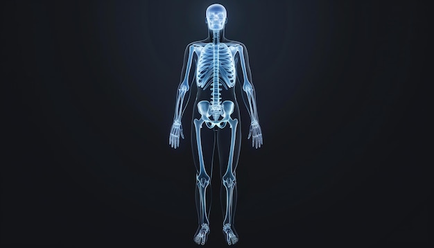 Ludzki szkielet w 3D X-ray w pozycji stojącej z niebieskim podświetleniem