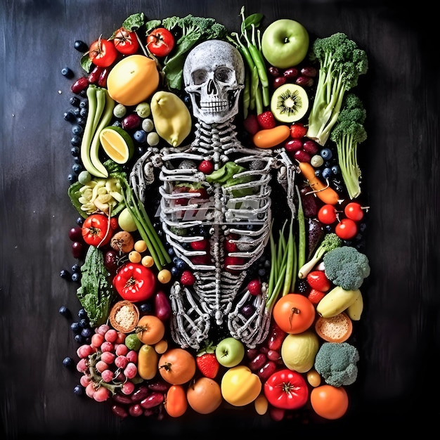 Ludzki szkielet z różnymi owocami i warzywami wokół koncepcji zdrowia na ciemnym tle generowany przez AI