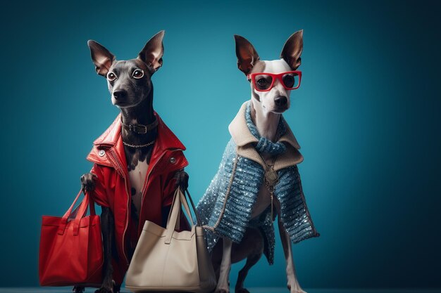 Zdjęcie ludzkie anthropomorficzne psy noszące ludzkie ubrania i robiące zakupy z torbami