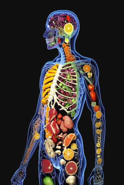 Ludzkie ciało wegetarianina owoców i warzyw Koncepcja zdrowego odżywiania żywności i wegetarianizmu na czarnym tle Generatywna ilustracja AI