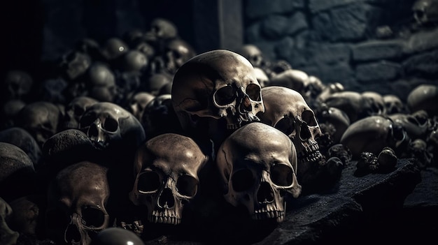 Ludzkie czaszki i kości ludzi zabitych podczas wojny w krypcie na cmentarzu