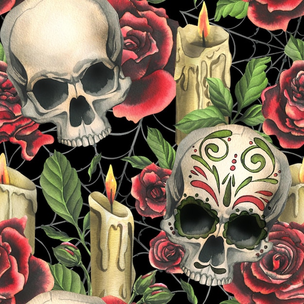 Ludzkie czaszki z ozdobą, czerwone róże, świece i pajęczyny Ręcznie rysowana akwarela ilustracja na Halloween dzień zmarłych Dia de los muertos Wzór na czarnym tle