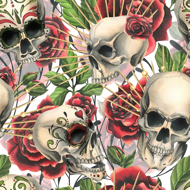 Ludzkie czaszki z ozdobą czerwonych róż w gałęziach złotej korony Ręcznie rysowana akwarela ilustracja na Halloween dzień zmarłych Dia de los muertos Wzór na białym tle