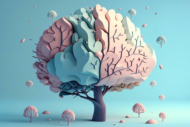 Ludzkie drzewo mózgowe z kwiatami samoopieka i koncepcja zdrowia psychicznego pozytywne myślenie kreatywny umysł generatywny AI