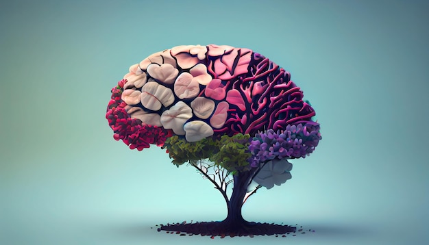 Ludzkie drzewo mózgowe z kwiatami samoopieki i generatywnej koncepcji zdrowia psychicznego AI