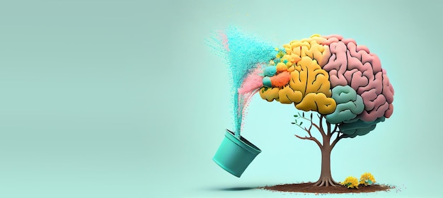 Ludzkie drzewo mózgowe z musującą kolorową wodą z wiadra kreatywnej koncepcji zdrowia psychicznego umysłu