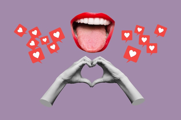 Ludzkie kobiece dłonie pokazujące kształt serca i uśmiechnięte usta z czerwonymi ustami i jak symbole