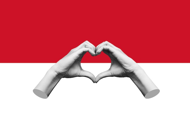 Ludzkie kobiece dłonie przedstawiające kształt serca odizolowane na tle flagi Indonezji