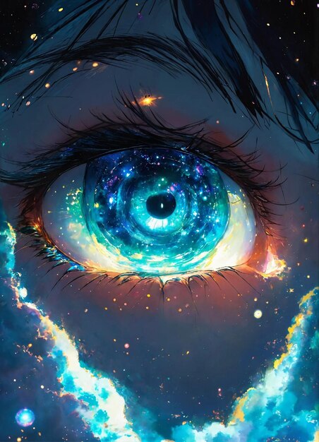 ludzkie oko z niebieskim okiem i przestrzennym tłem, które ma planetę w środku
