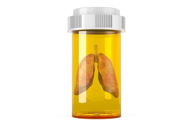 Zdjęcie ludzkie płuca wewnątrz butelki medycznej z pigułek płuca i koncepcja leków renderowanie 3d