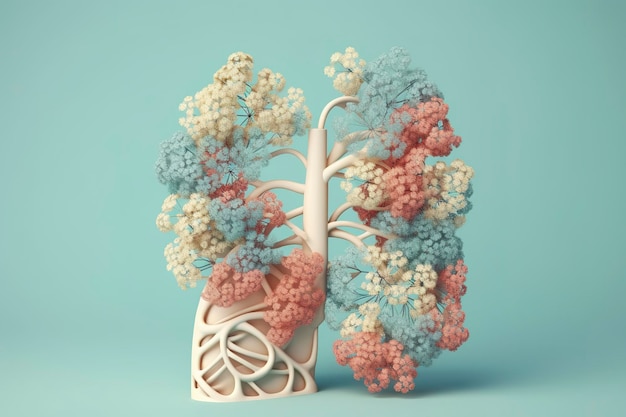 Ludzkie płuca z kwiatami w pastelowych kolorach na niebieskim tle renderowania 3d i ilustracji generują ai