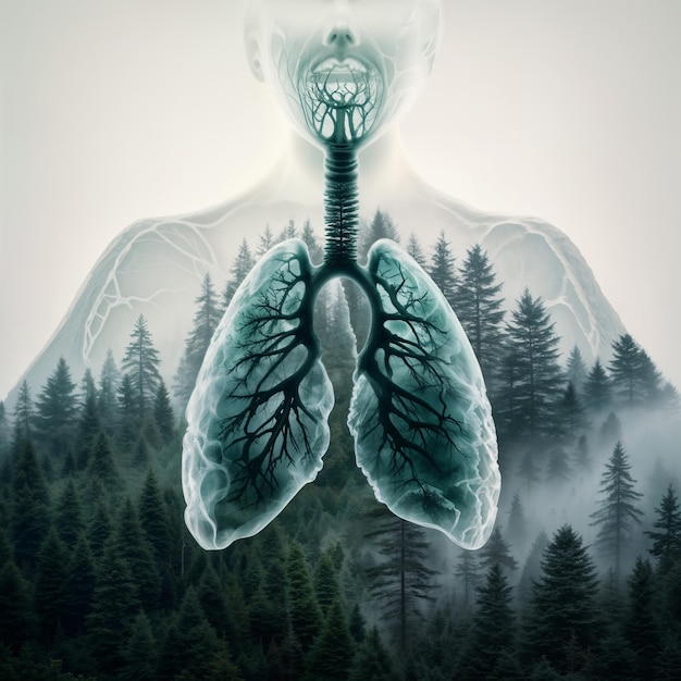 Ludzkie płuca z lasem sosnowym oddychanie pojęcie zdrowia tło