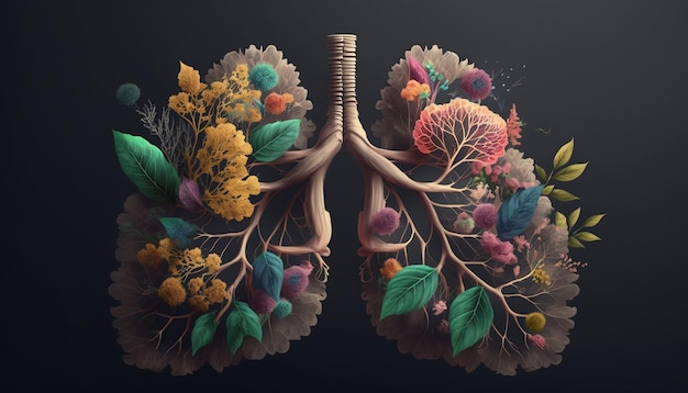 ludzkie płuco z rośliny na czarnym ilustratorze generatywnej AI