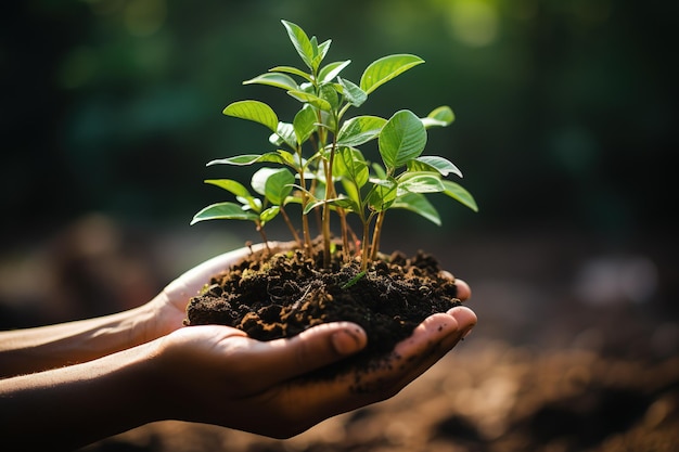 Ludzkie ręce trzymające młodą zieloną roślinę w glebie Koncepcja Dnia Ziemi