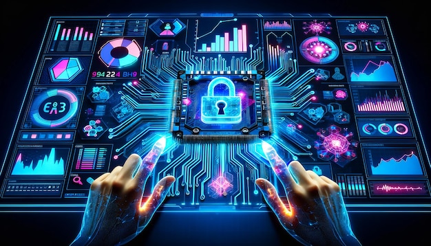 ludzkie ręce używające cyfrowego zamka na cyfrowych mikrocirkutach w tle do zabezpieczenia danych Cyberbezpieczeństwo