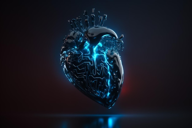 ludzkie serce świecące niebieskie światło nowoczesna technologia czarne tło