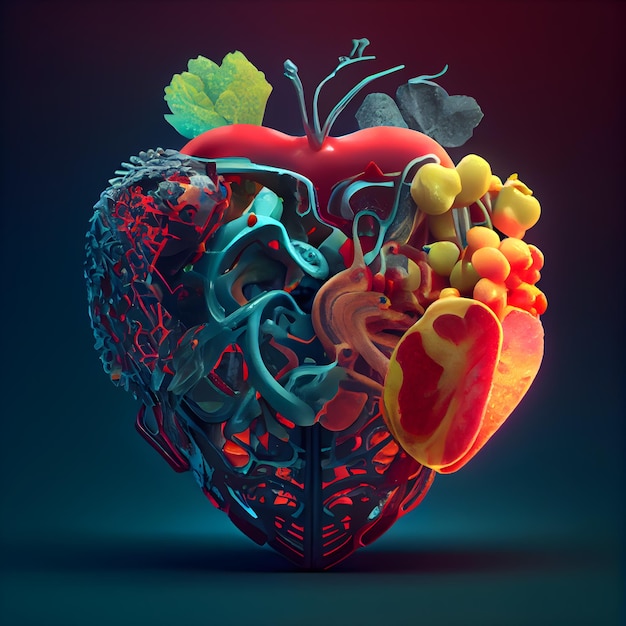 Ludzkie serce wykonane z owoców i warzyw na ciemnym tle renderowania 3d
