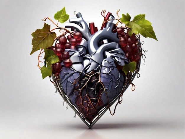 Ludzkie serce wykonane z winogron gałęzi winorośli i liści wina płyn botaniczny na białym