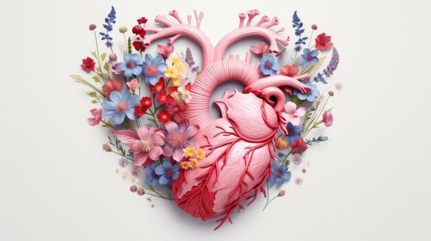 Ludzkie serce z kwiatów i liści na białym tle Kolorowe ilustracji twórczych Wizualne dla projektu medycznego