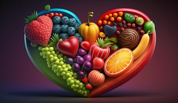 Ludzkie serce z owocami warzywami ilustracja koncepcja zdrowia psychicznego generatywna ai