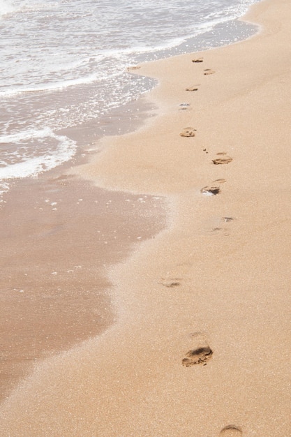 Ludzkie ślady na plaży Ślady stóp na żółtym, ciepłym piasku latem