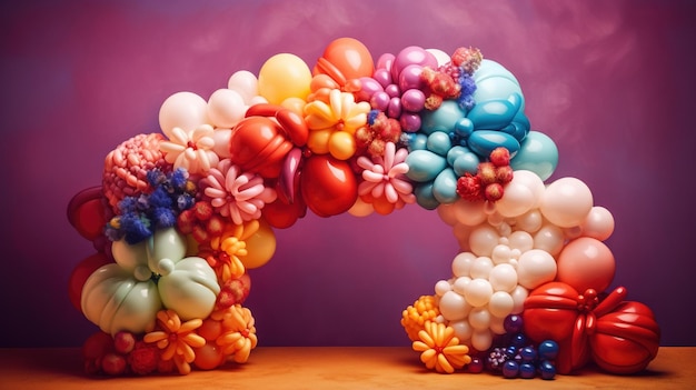 Łuk balonowy wykonany z balonów składa się z balonów i kwiatów.