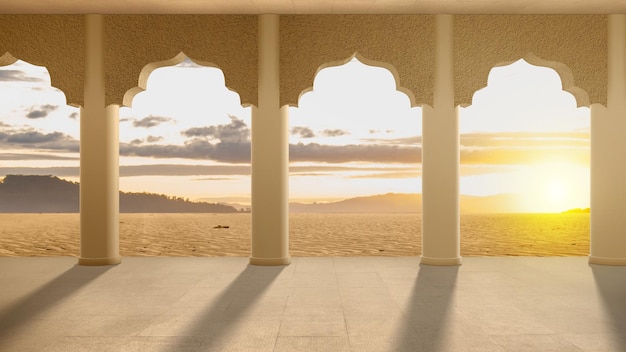 Łuk drzwi meczetu z widokiem na krajobraz
