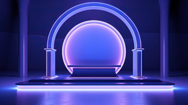 Łuk neonowy w pokoju o niebieskich i fioletowych światłach Abstrakcyjne tło do wyświetlania produktów