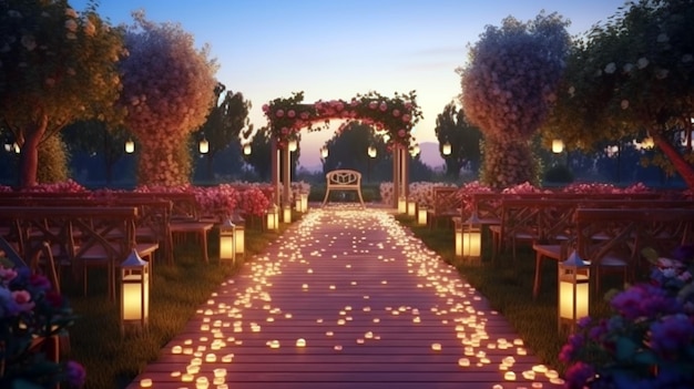 łuk ślubny ozdobiony kwiatami Koncepcja ślubu i miesiąca miodowego Kwiaty konfiguracji ceremonii ślubnej