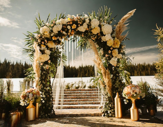 łukowe dekoracje ślubne ołtarz ślubny wykonany ze świeżych kwiatów