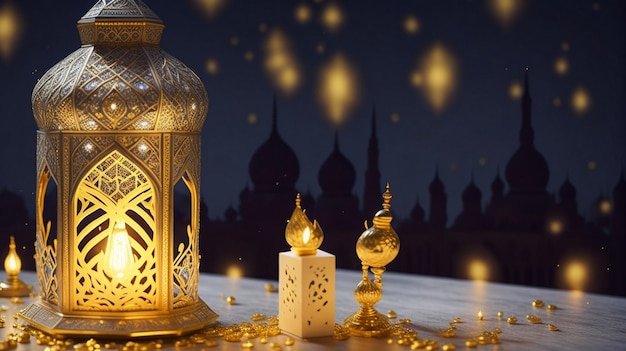 Luksus Darmowe zdjęcie Ramadan Kareem Eid Mubarak z meczetem i świętym Koranem ai generatywnym