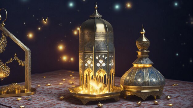 Luksus Darmowe zdjęcie Ramadan Kareem Eid Mubarak z meczetem i świętym Koranem ai generatywnym