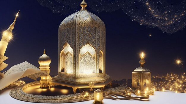 Luksus Darmowe zdjęcie Ramadan Kareem Eid Mubarak z meczetem i świętym Koranem ai generatywnym