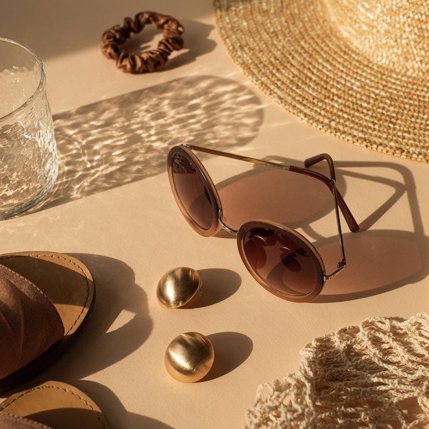 Luksusowa artystyczna kompozycja mody estetycznej Szkło kryształowe z cieniami słonecznymi okulary przeciwsłoneczne kapcie damskie słomkowy kapelusz worek sznurkowy złote kolczyki na neutralnym beżowym tle
