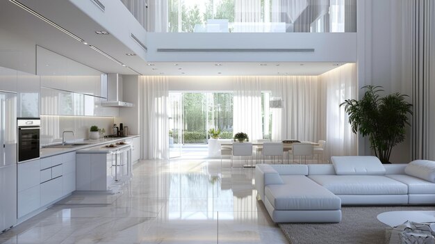 Luksusowa biała kuchnia i salon w dużym domu