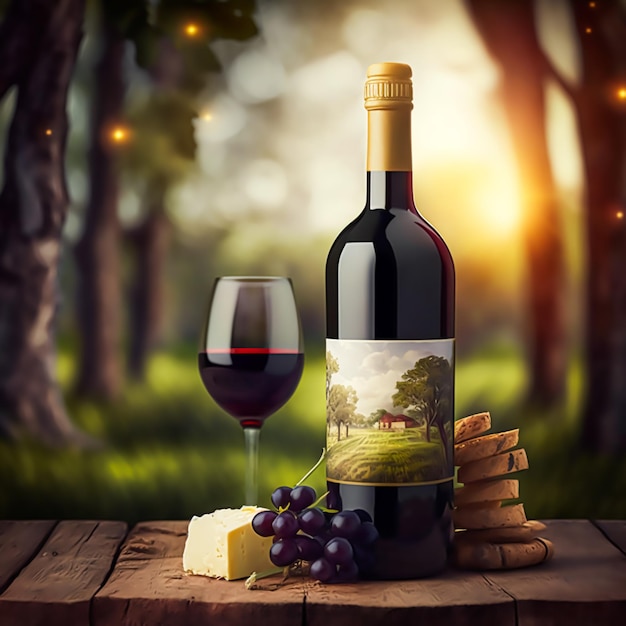 Luksusowa butelka czerwonego wina winogrona ser i kieliszek wina na tle słonecznej wsi ogólna stylizowana etykieta do makiety Generative Ai