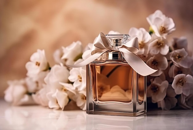 Luksusowa butelka perfum z kwiatami w pudełku podarunkowym