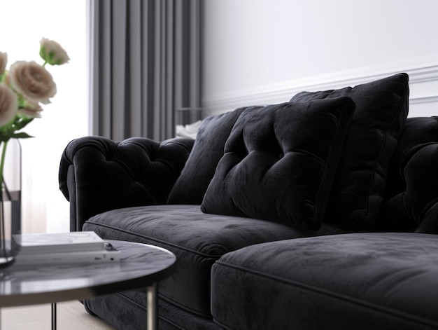 Zdjęcie luksusowa czarna aksamitna kanapa w nowoczesnym wnętrzu salonu