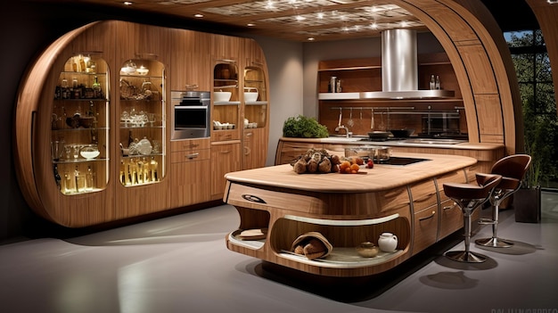 Luksusowa domowa kuchnia z eleganckim drewnianym designem
