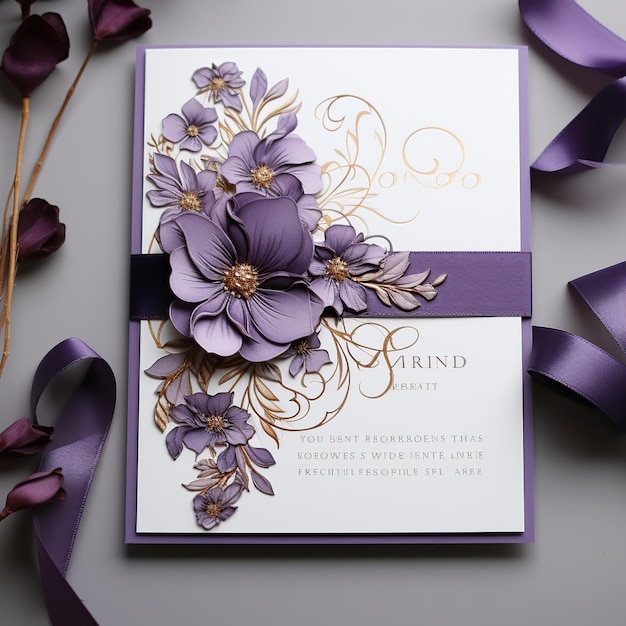 Luksusowa elegancka karta zaproszenie na ślub z pięknym akwarelowym kwiatem natury AI wygenerowanym obrazem