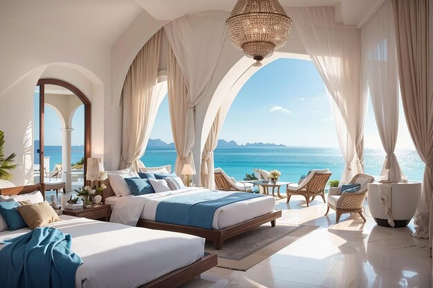 Luksusowa jadalnia z luksusowym stołem i krzesłami z widokiem na ocean z naturalnym światłem