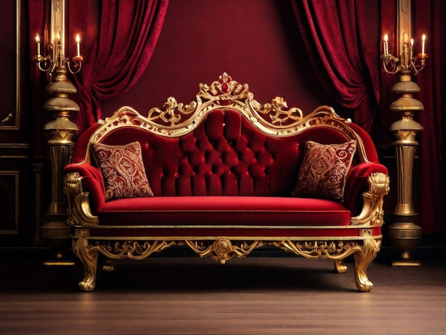 luksusowa klasyczna czerwona kanapa aksamitna ozdobiona złotem z ścieżką wycinania