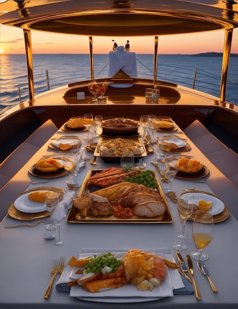 Luksusowa kolacja na jachcie z wszystkimi udogodnieniami na morzu.